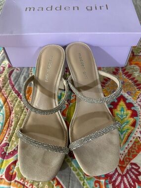 Madden Girl Nude Rhinestone Double-Strap Heeled Slides